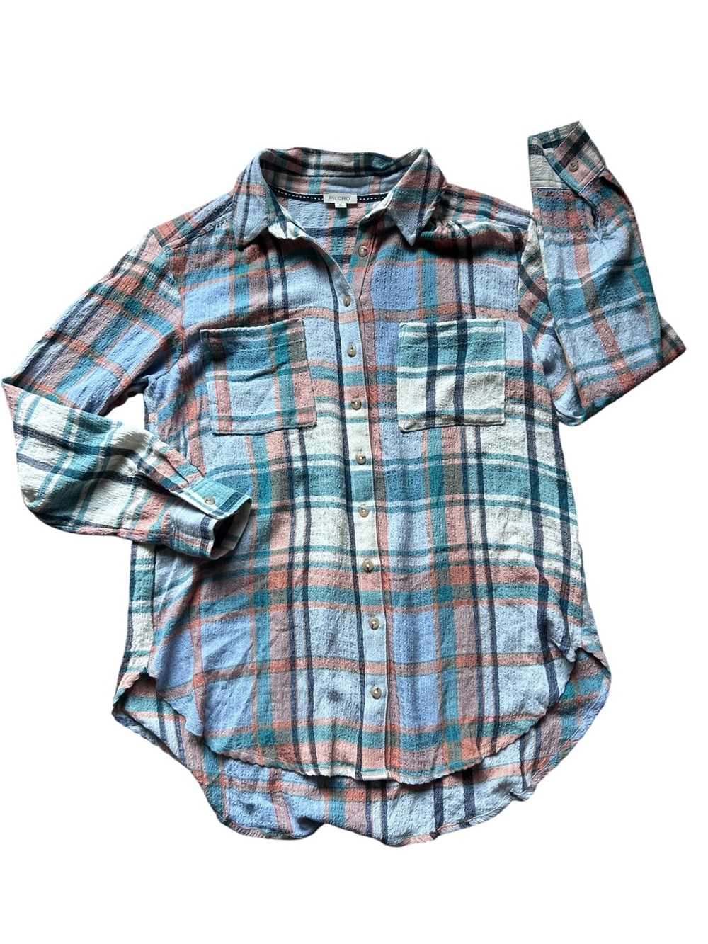 Anthropologie Pilcro Hadley Relaxed blue  Plaid Buttondown Shirt size medium - Picture 2 of 9